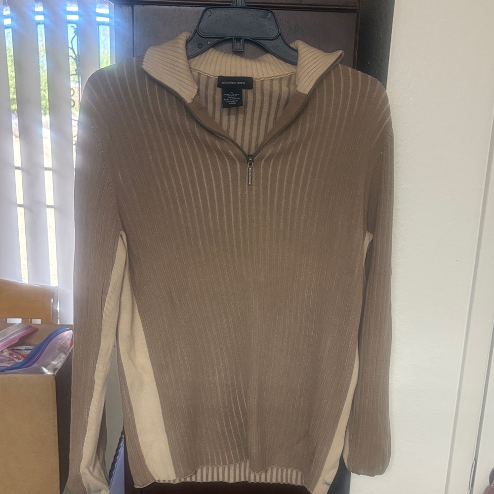 Calvin Klein Tan and Cream Zip-Up Sweater